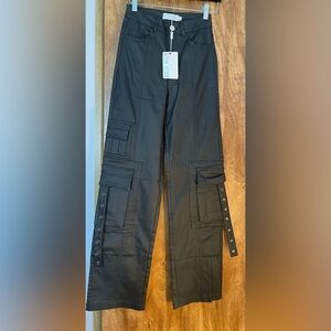 NWT Muy Muy Leather Black Cargo Pants Boot Straight Matte Womens Small Pockets
